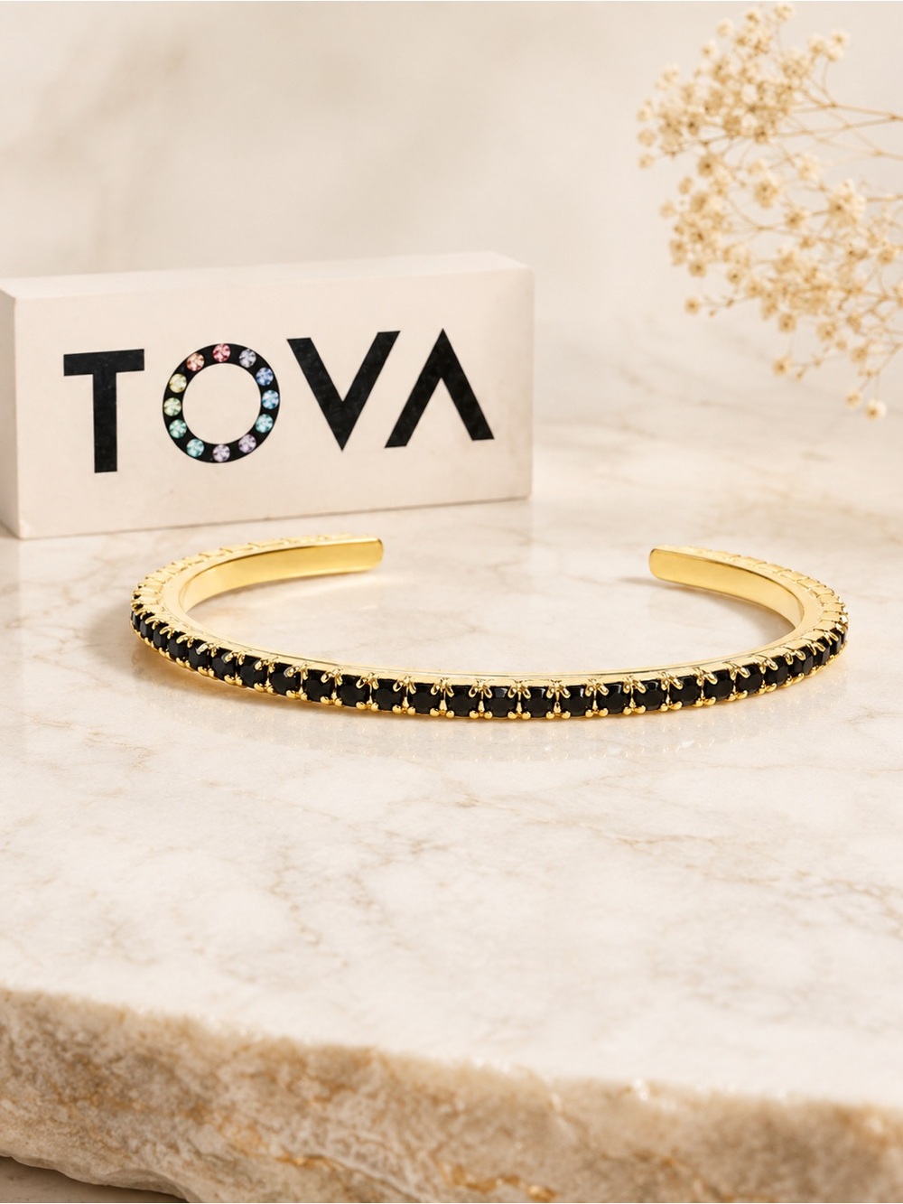 TOVA RAE Stackable Gold Cuff Bracelet with 
Black Stones